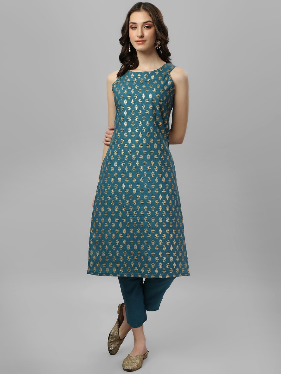 

Modestouze Attires Ethnic Motifs Printed Regular Pure Cotton Kurta With Trousers, Teal
