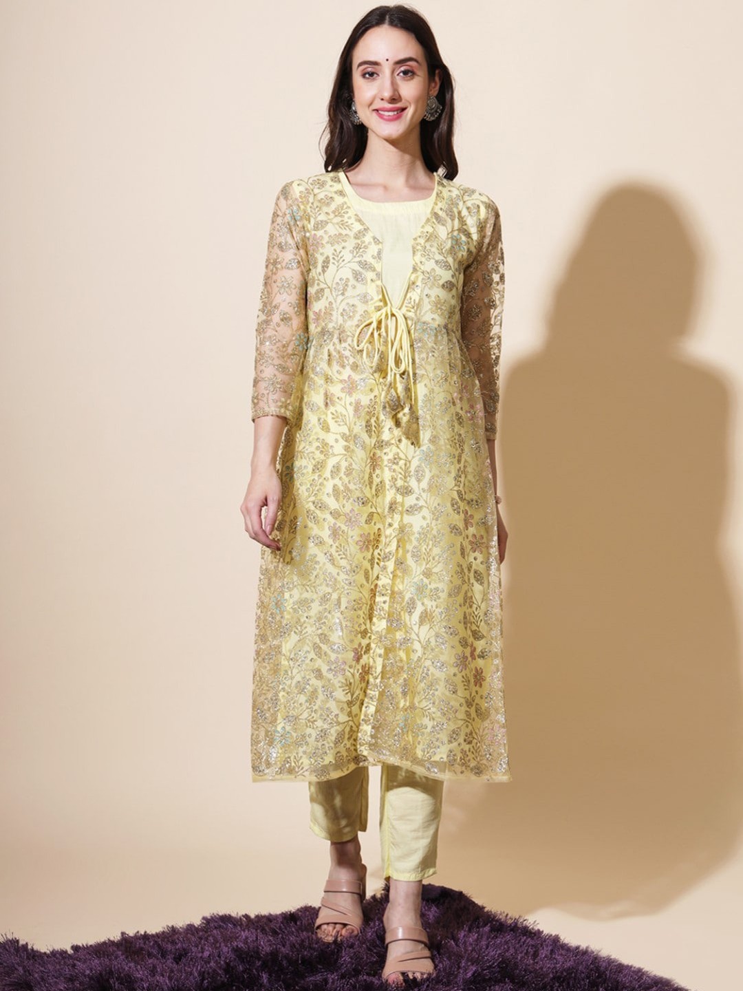 

Modestouze Attires Regular Pure Silk Kurta With Trousers & Jacket, Yellow