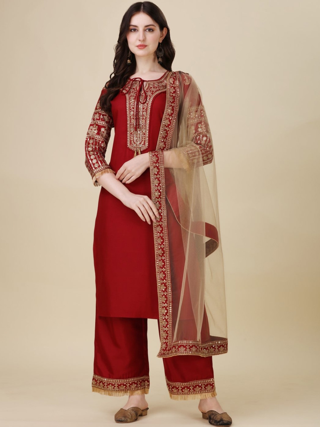 

Modestouze Attires Ethnic Motifs Embroidered Sequinned Kurta With Dupatta, Maroon