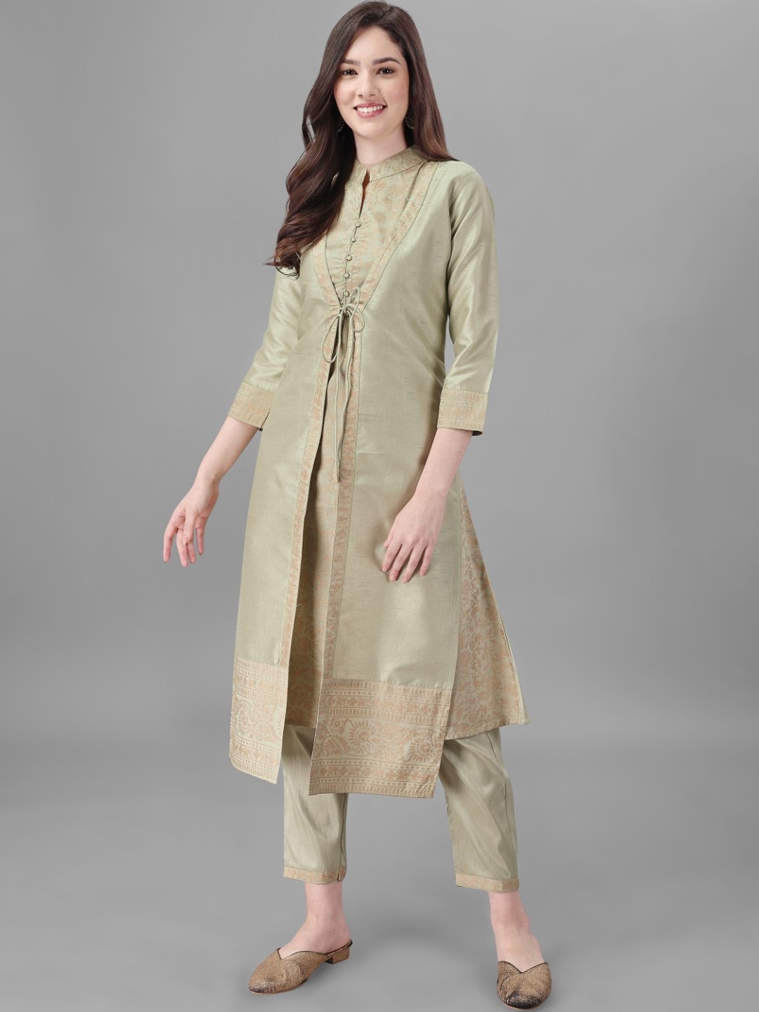 

Modestouze Attires Ethnic Motifs Regular Pure Silk Kurta With Trousers & Jacket, Olive