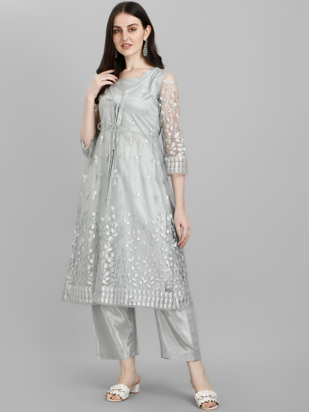 

Modestouze Attires Women Grey Regular Pure Silk Kurta With Trousers