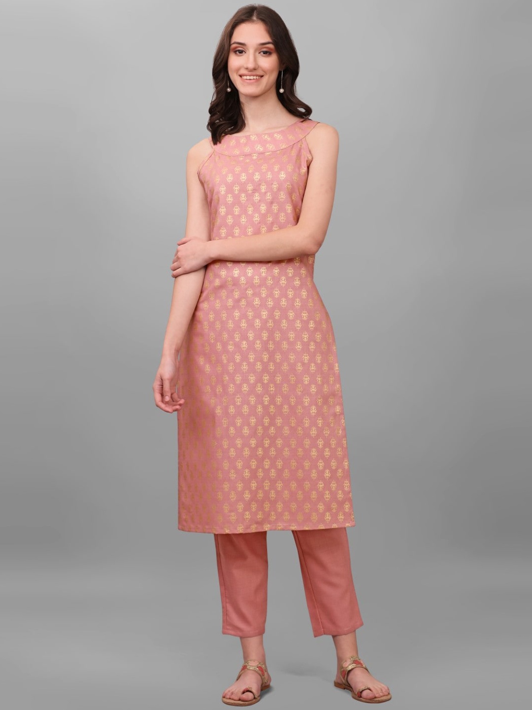 

Modestouze Ethnic Motifs Printed Pure Cotton Straight Kurta with Trousers, Peach
