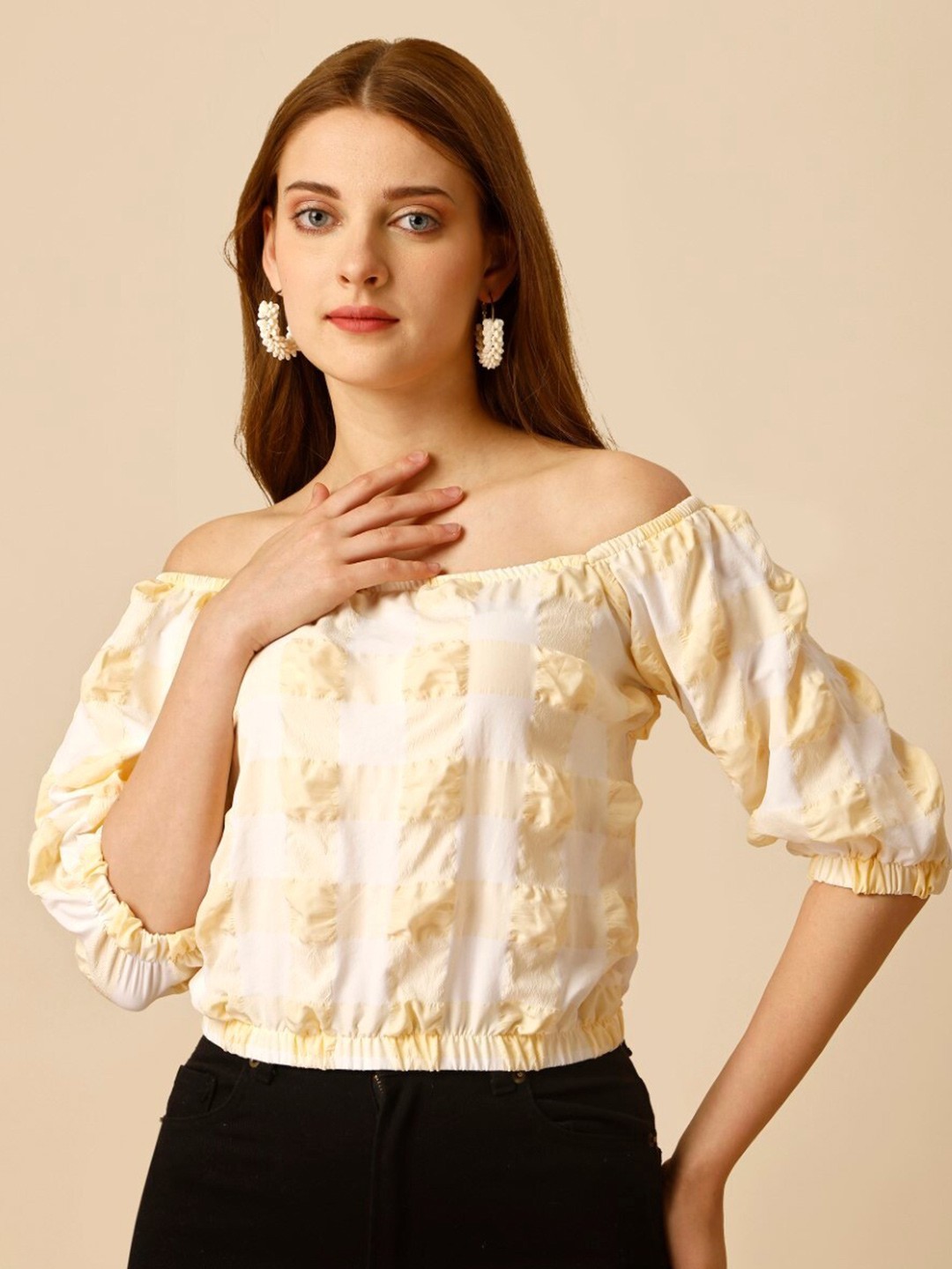

Modestouze Attires Checked Puff Sleeves Crop Top, Yellow