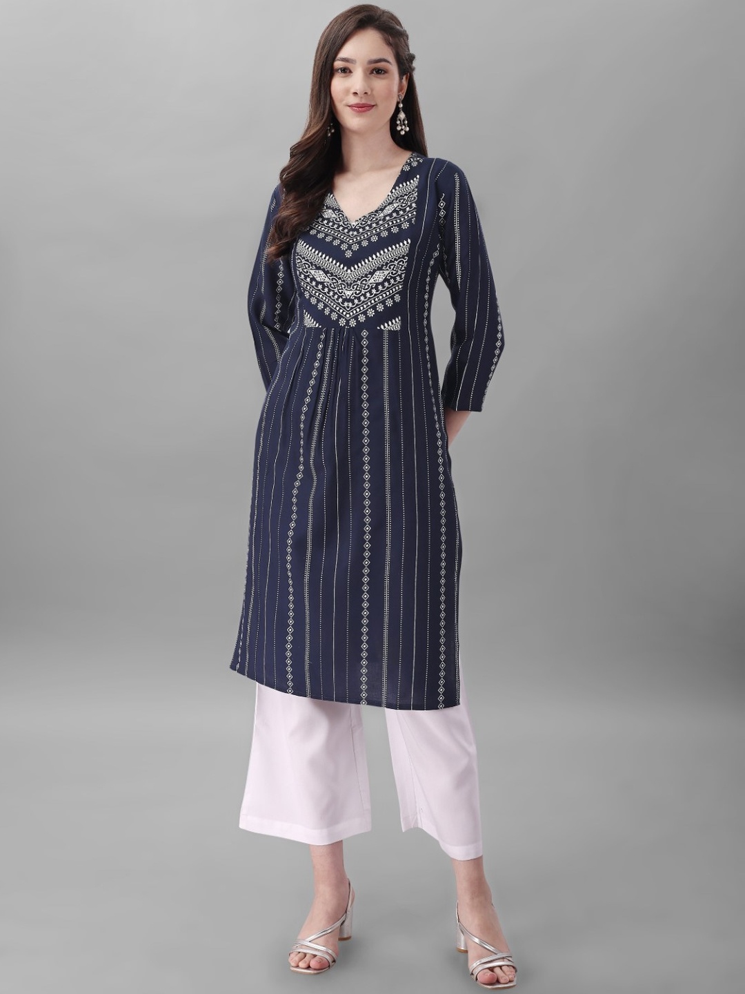 

Modestouze Attires Ethnic Motifs Printed Regular Pure Cotton Kurti With Palazzos, Blue