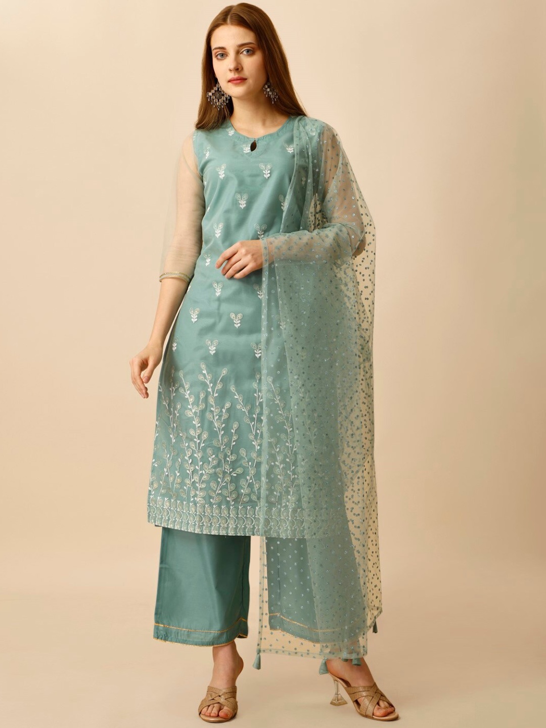 

Modestouze Attires Floral Embroidered Keyhole Neck Kurta with Palazzos & Dupatta, Green