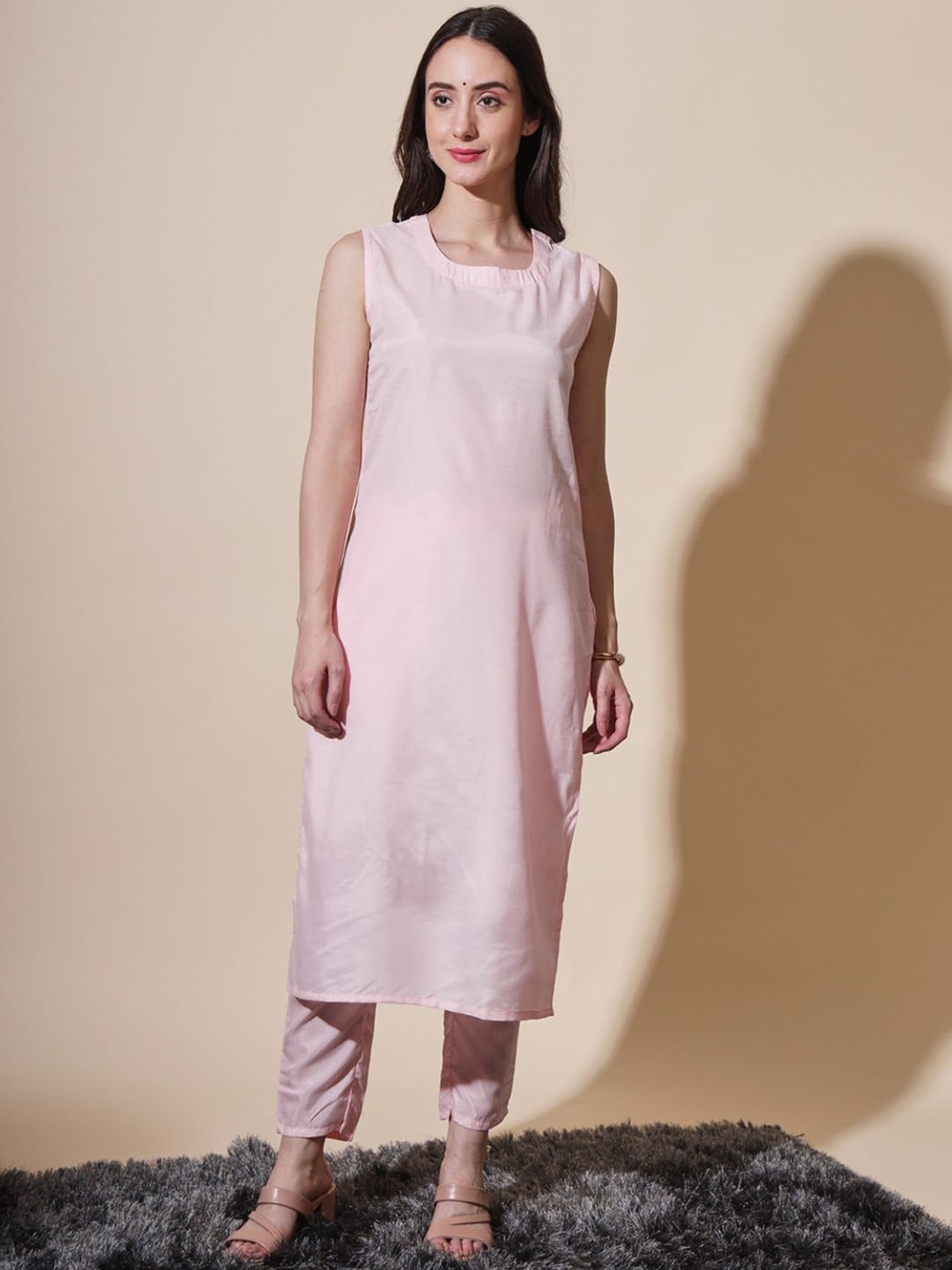 

Modestouze Attires Round Neck Pure Silk Straight Kurta with Trousers With Jacket, Pink