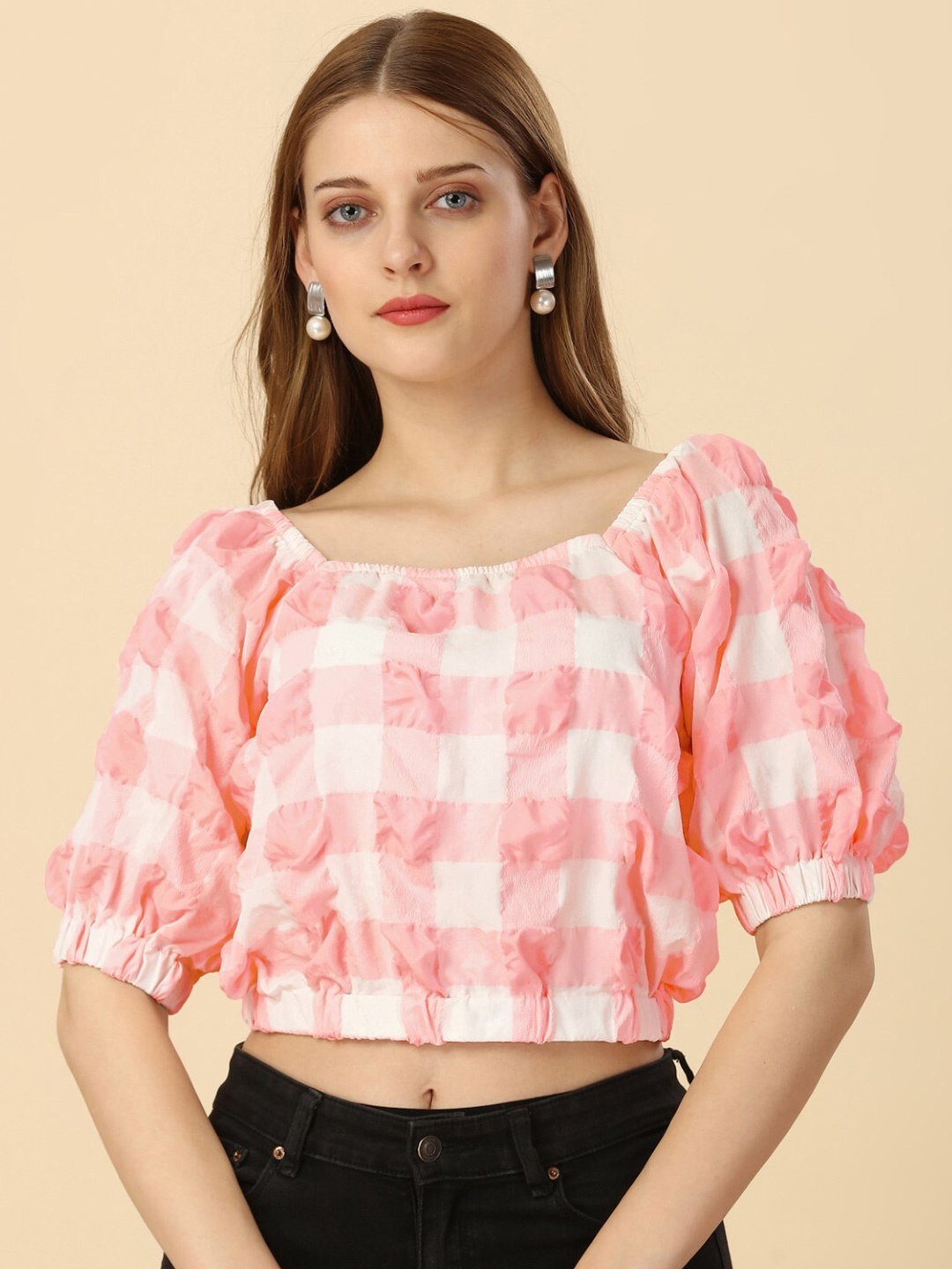 

Modestouze Attires Checked Puff Sleeves Crop Top, Pink