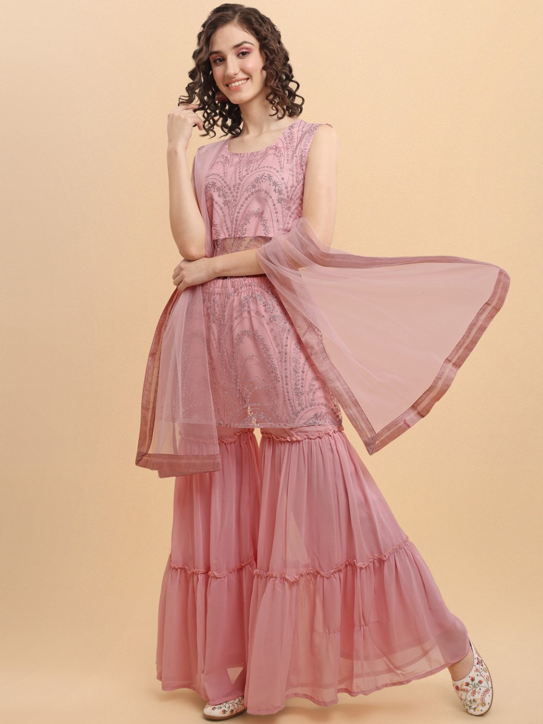 

Modestouze Attires Floral Embroidered Regular Kurta With Sharara & Dupatta, Pink