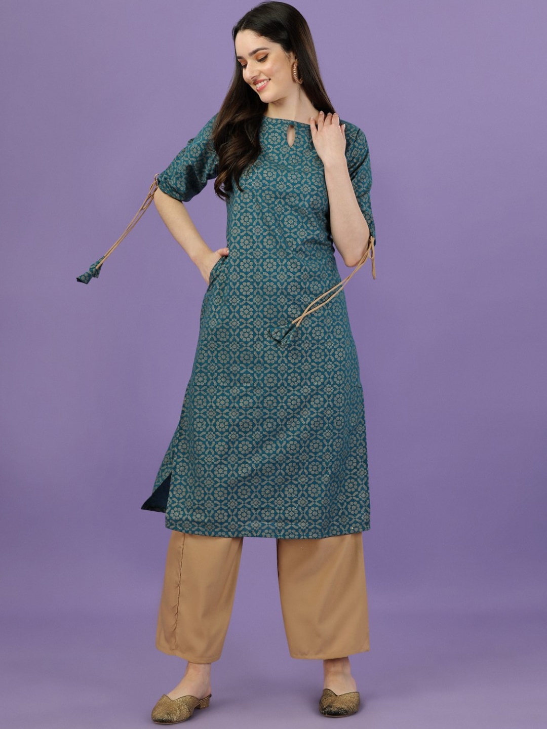 

Modestouze Attires Ethnic Motifs Printed Pure Cotton Kurta With Trousers, Teal