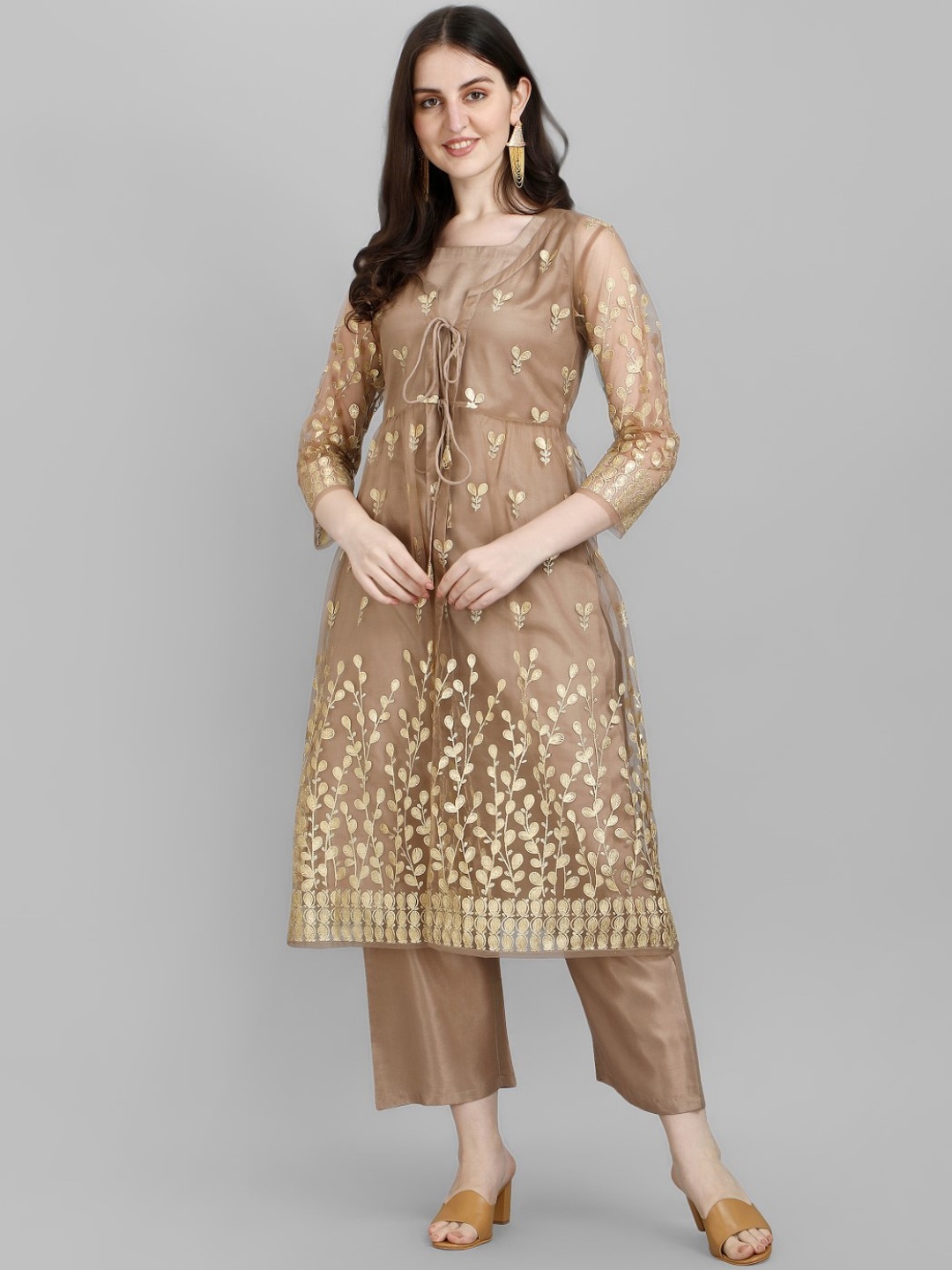 

Modestouze Attires Floral Embroidered Pure Silk Straight Kurta With Trousers, Brown