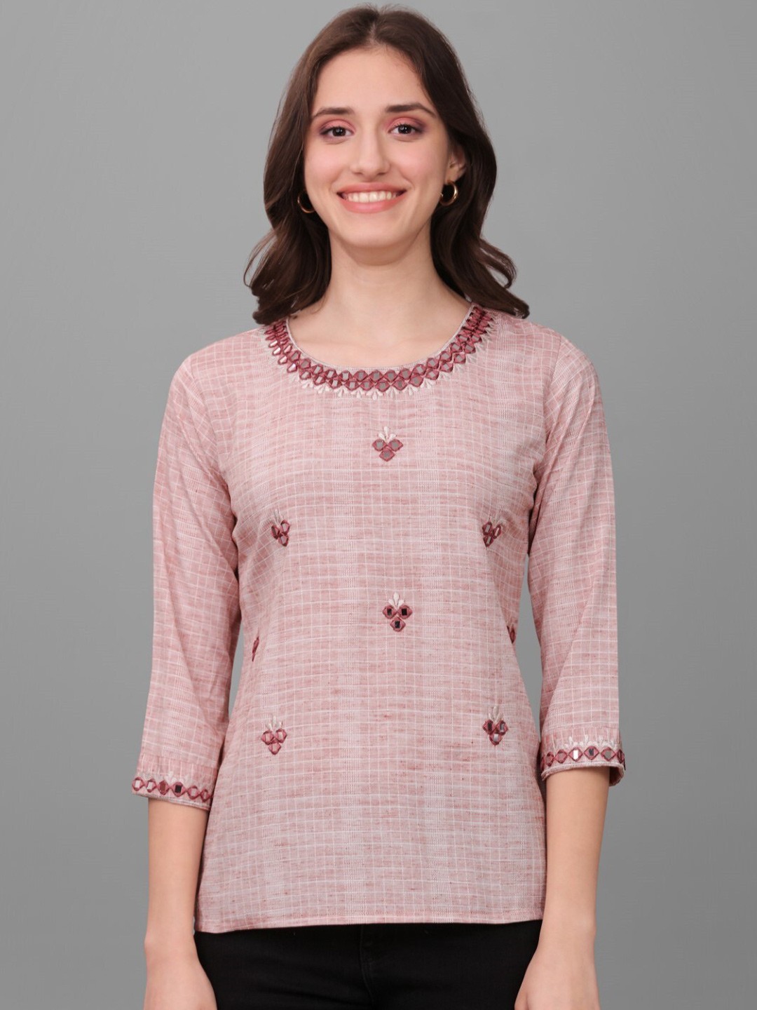

Modestouze Attires Geometric Embroidered V-Neck Mirror Work Top, Pink