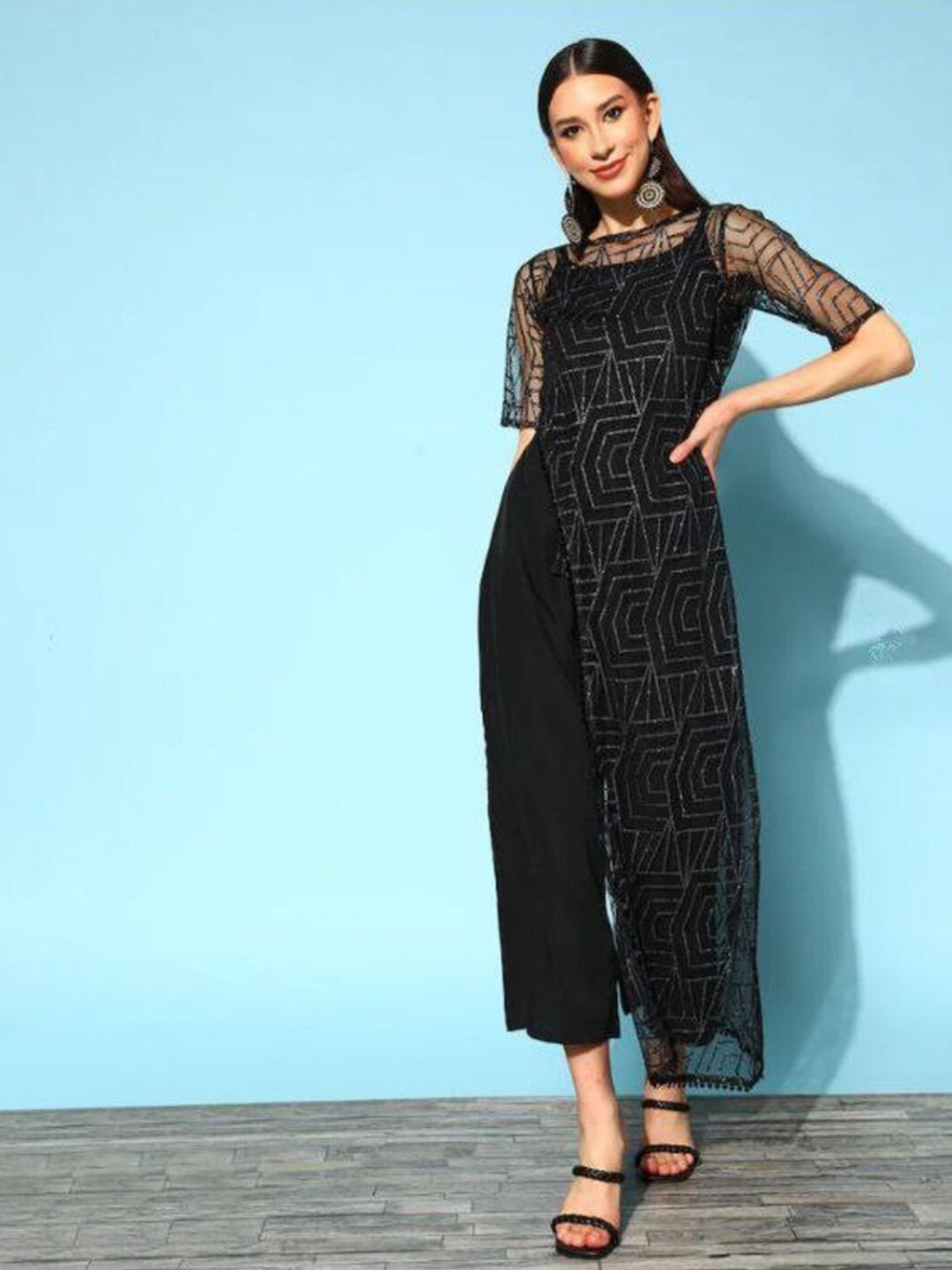 

Modestouze Attires RoundNeck Self Design Waist Tie-Ups Bell sleeve Basic Jumpsuit, Black