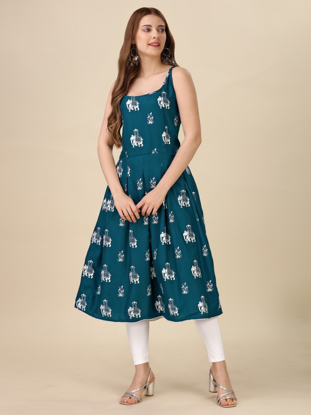 

Modestouze Attires Ethnic Motifs Printed Shoulder Straps Pleated Anarkali Kurta, Teal