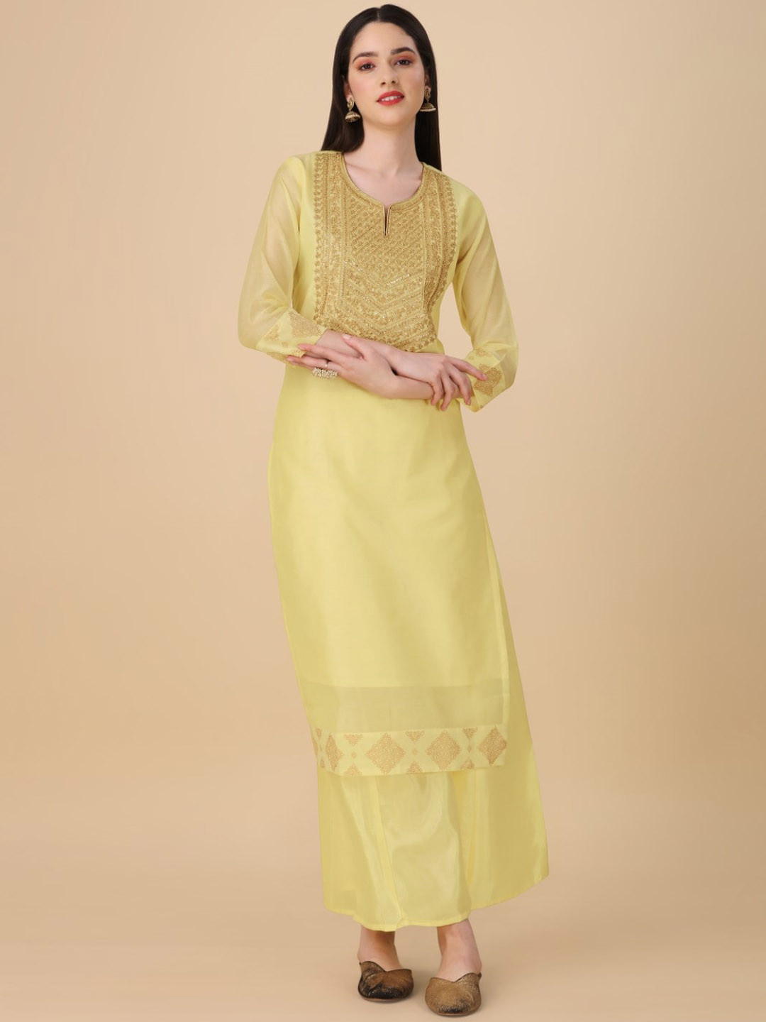 

Modestouze Attires Yoke Design Thread Work Cotton Kurta With Palazzos & Dupatta, Yellow
