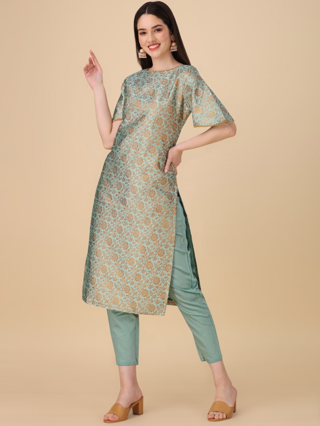 

Modestouze Attires Floral Woven Design Pure Silk Straight Kurta With Trousers, Blue