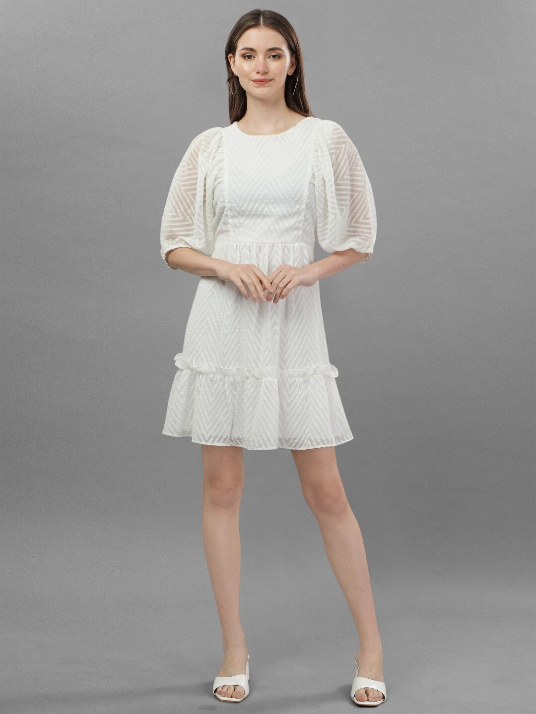 

Modestouze Attires Puff Sleeve A-Line Dress, White