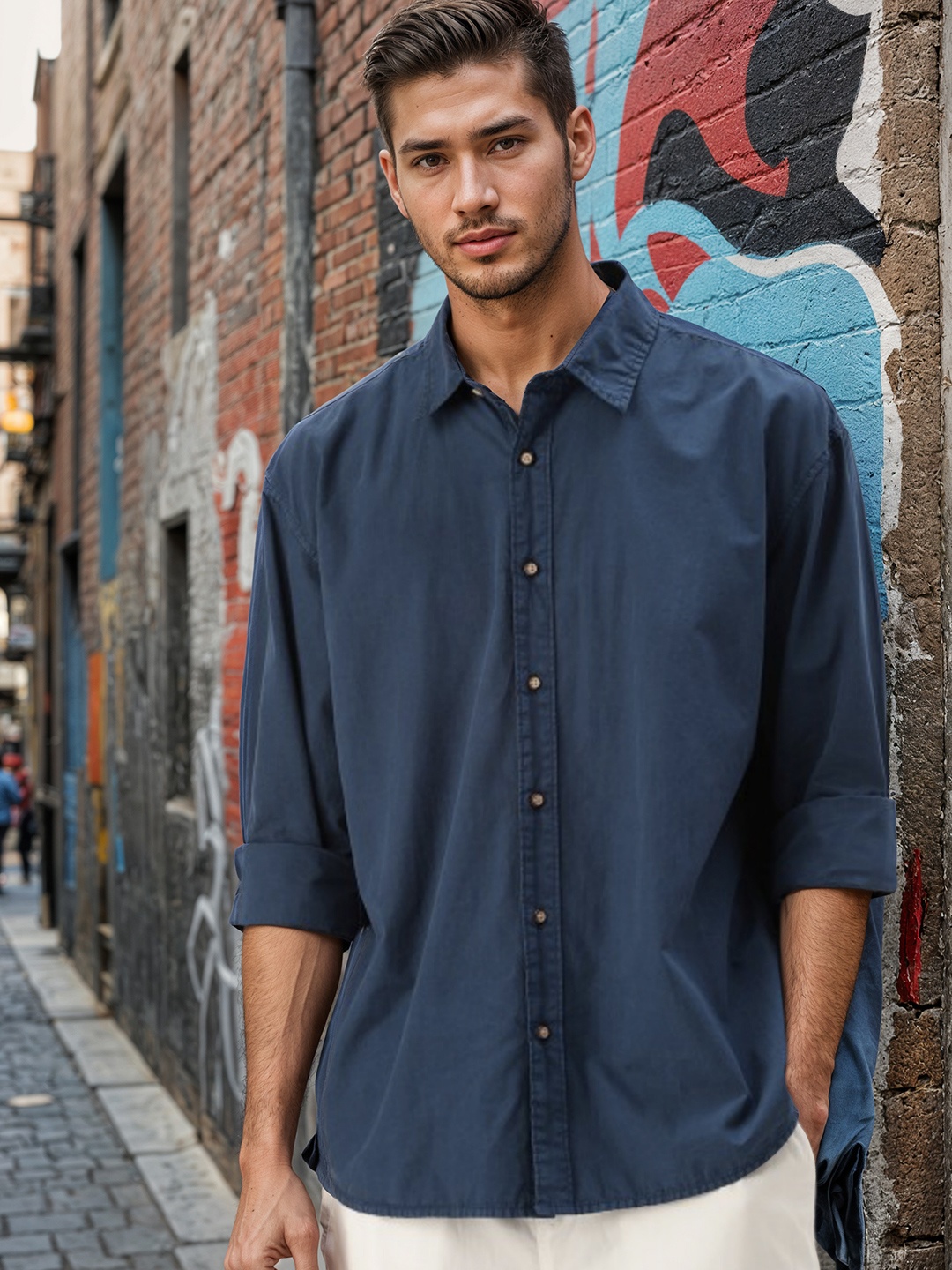 

Bene Kleed Men Oversized Pure Cotton Casual Shirt, Navy blue