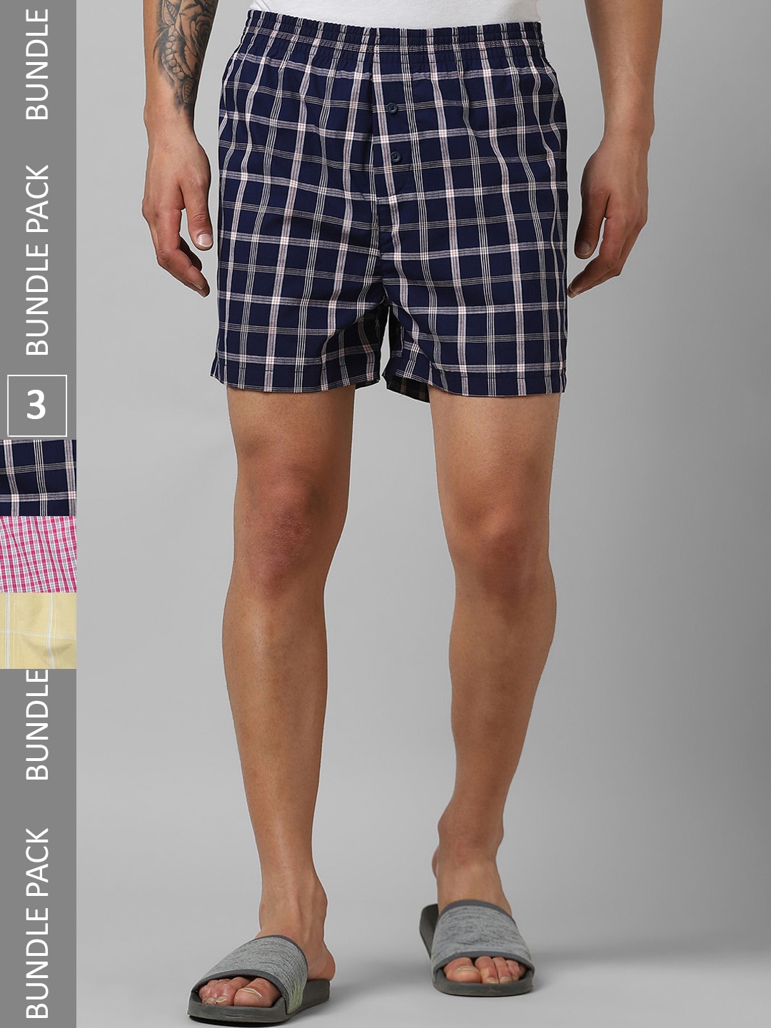 

Pantaloons Pack Of 3 Checked Pure Cotton Boxers, Navy blue