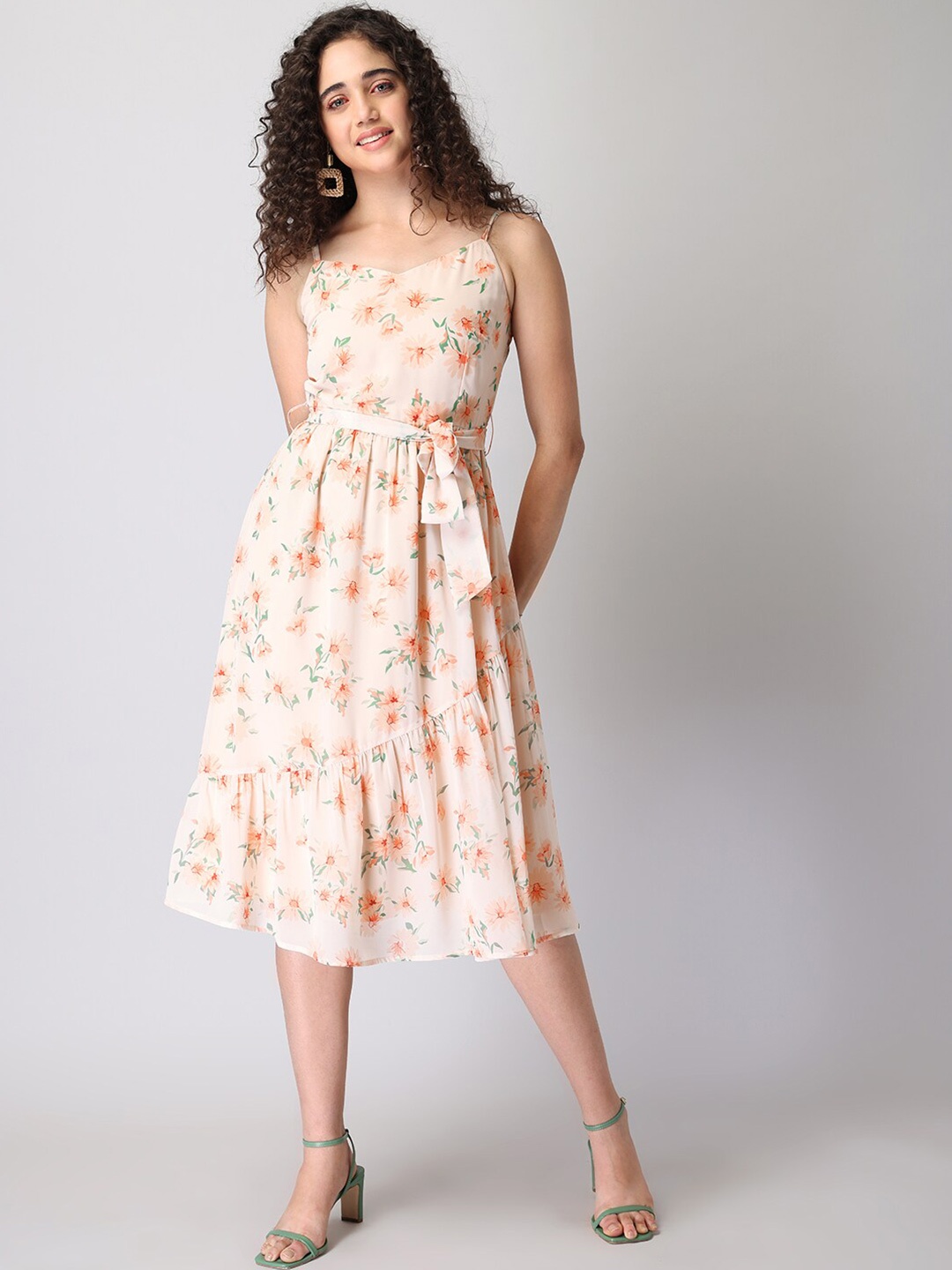 

FabAlley Peach-Coloured Floral Print Georgette Fit & Flare Midi Dress