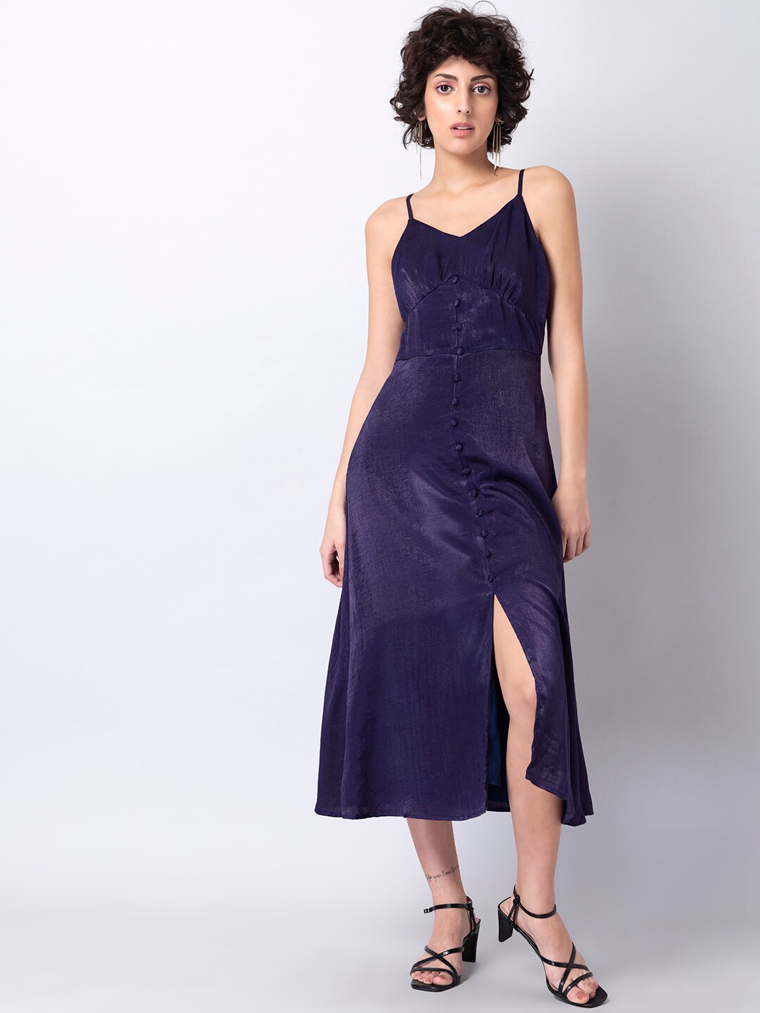 

FabAlley Purple Shoulder Straps Gathered A-Line Midi Dress