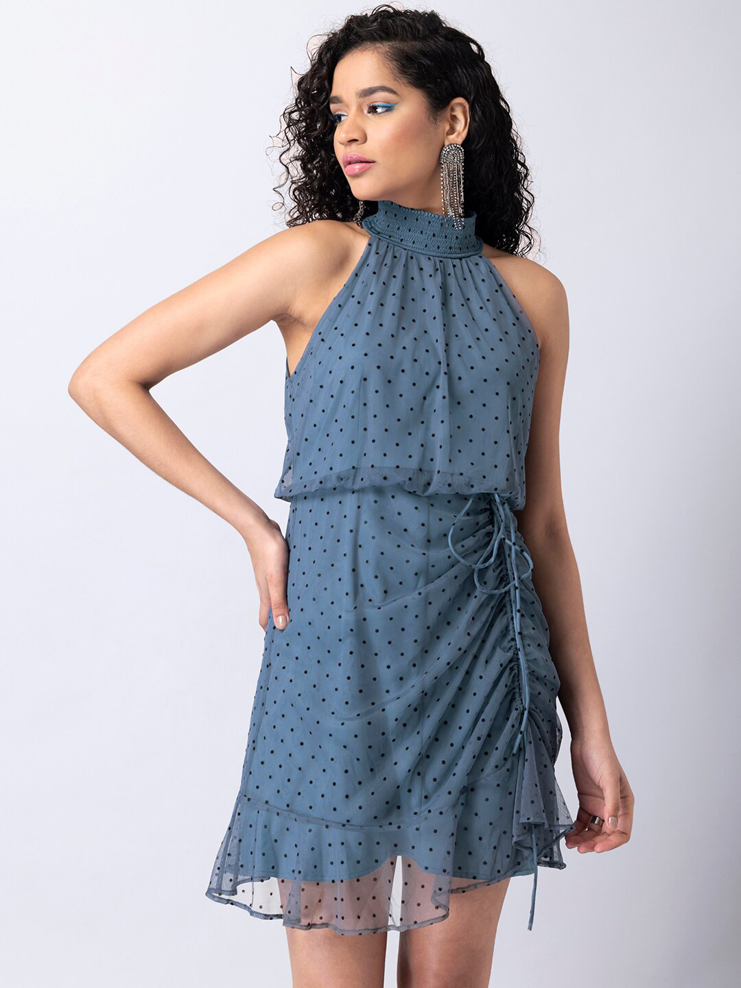 

FabAlley Blue Mock Neck Polka Dot Print A-Line Dress