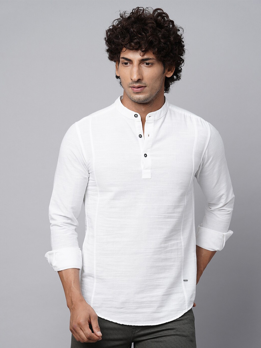 

Blue Buddha Band Collar Cotton Straight Kurta, White