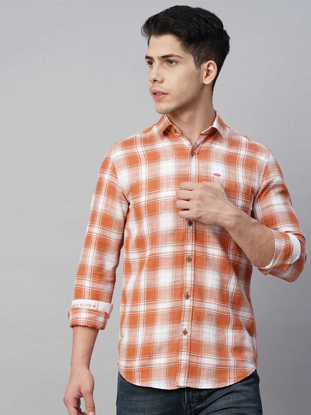 

Blue Buddha Tartan Checked Spread Collar Cotton Casual Shirt, White