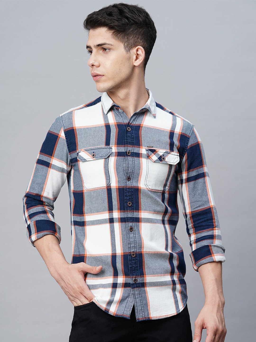

Blue Buddha Windowpane Checked Spread Collar Cotton Casual Shirt, White