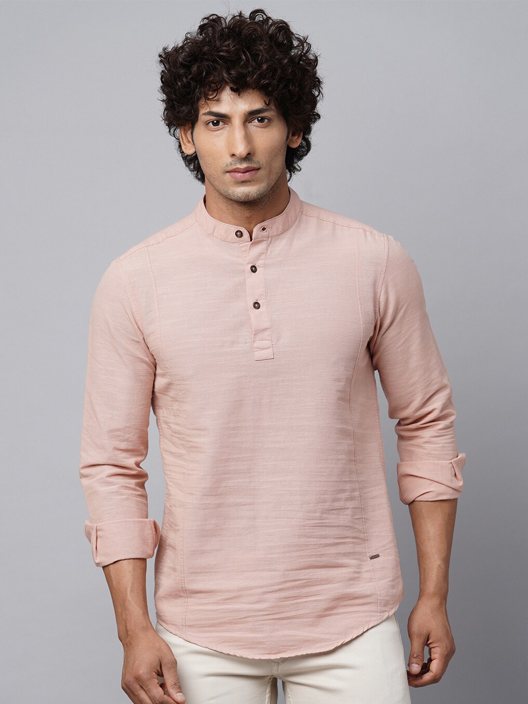 

Blue Buddha Mandarin Collar Cotton Casual Shirt, Peach