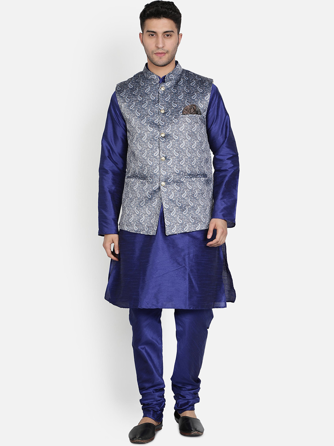 

Armaan Ethnic Mandarin Collar Dupion Silk Kurta with Churidar And Printed Nehru Jacket, Blue