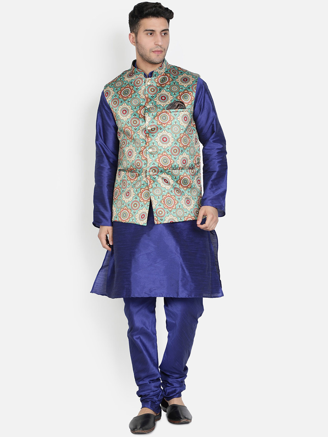 

Armaan Ethnic Mandarin Collar Dupion Silk Kurta with Churidar And Printed Nehru Jacket, Green