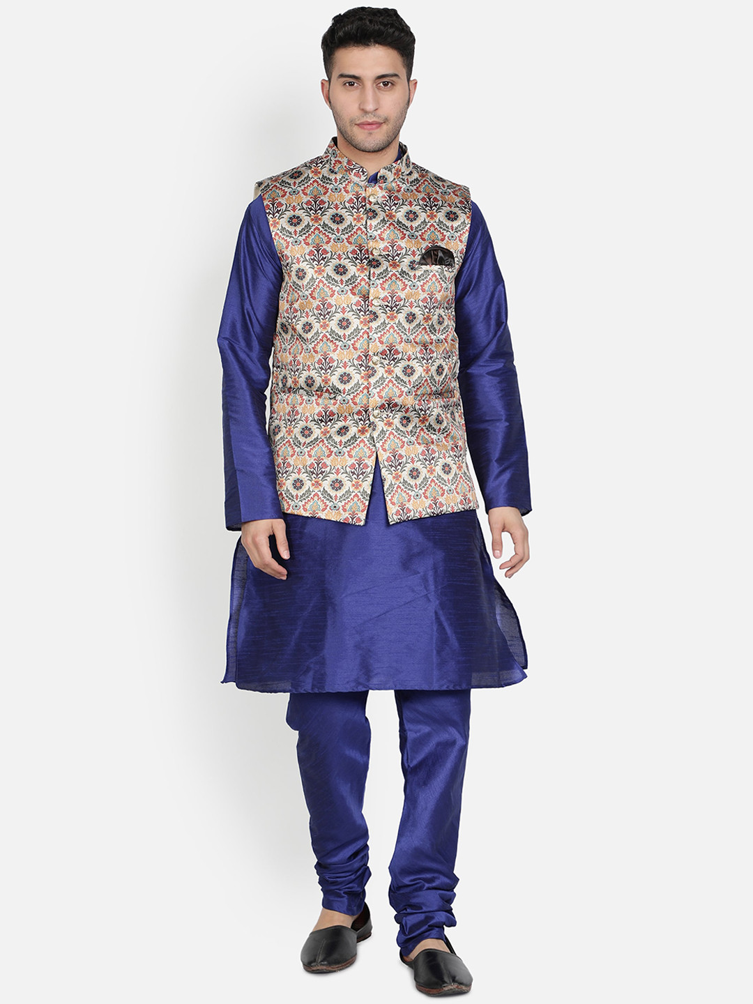 

Armaan Ethnic Mandarin Collar Dupion Silk Kurta with Churidar And Printed Nehru Jacket, Brown