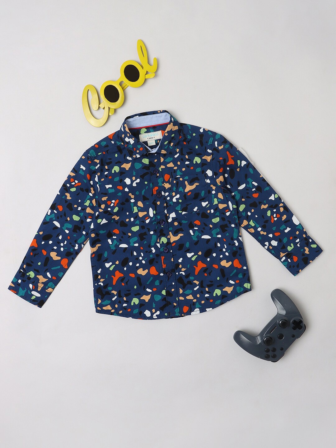 

Pantaloons Boys Abstract Printed Spread Collar Pure Cotton Casual Shirt, Navy blue