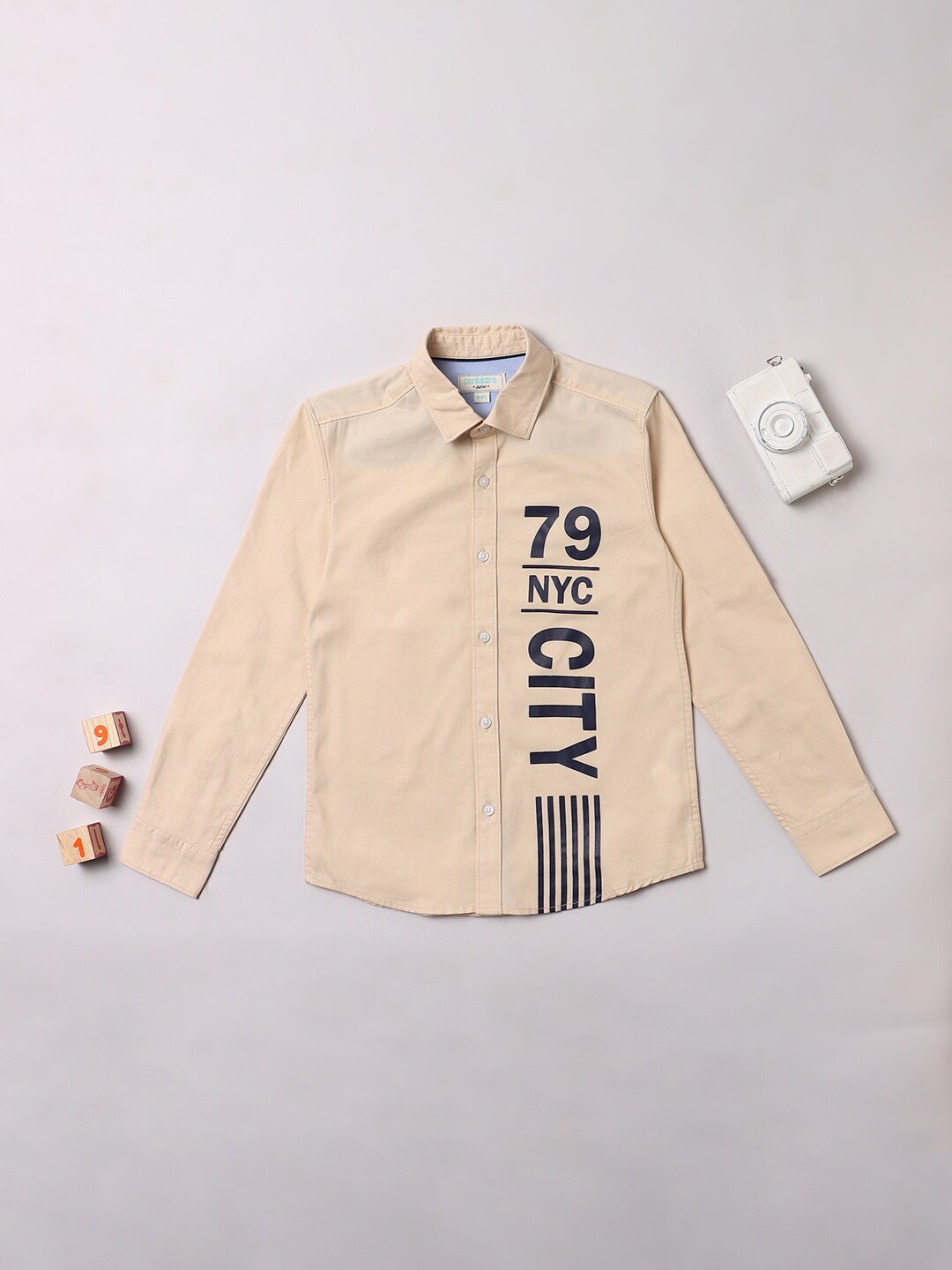 

Pantaloons Boys Typography Printed Spread Collar Pure Cotton Casual Shirt, Beige