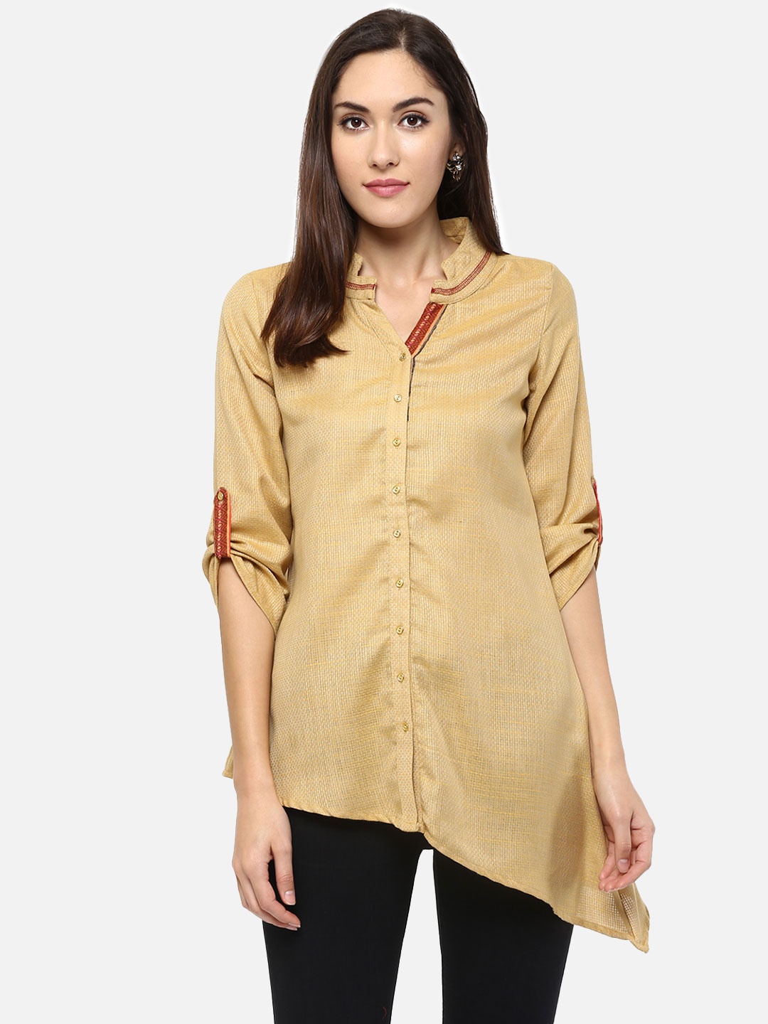 

Fusion Beats Yellow Mandarin Collar Roll-Up Sleeves Shirt Style Top
