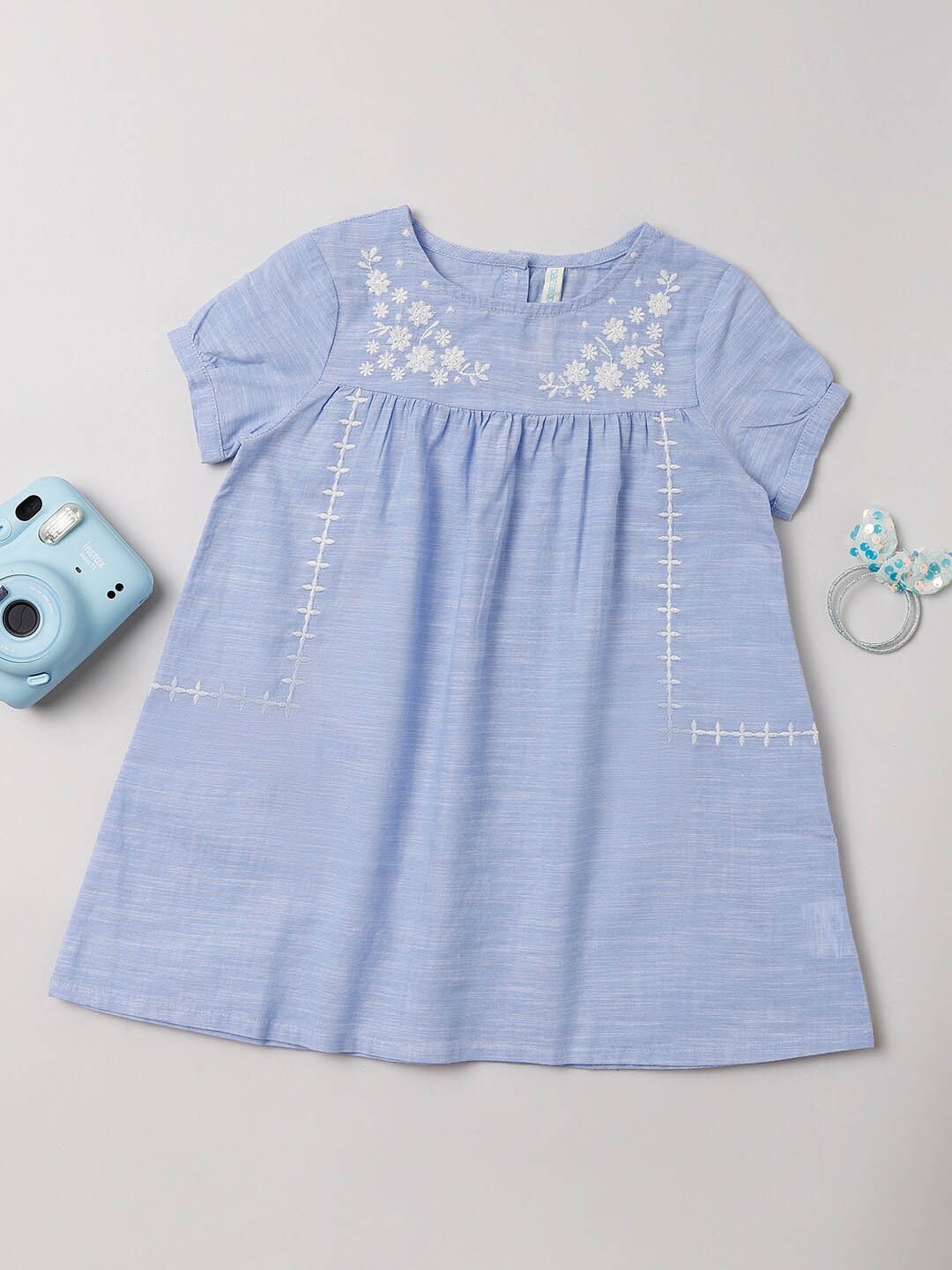 

Pantaloons Girls Floral Embroidered Pure Cotton A-Line Dress, Blue
