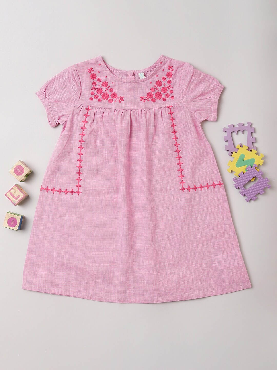 

Pantaloons Girls Floral Embroidered Pure Cotton A-Line Dress, Pink