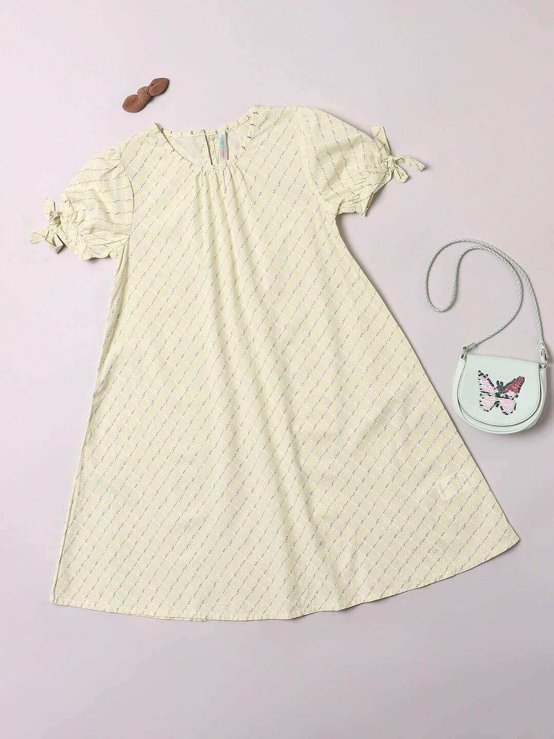 

Pantaloons Girls Abstract Printed Puff Sleeve A-Line Pure Cotton Dress, Beige