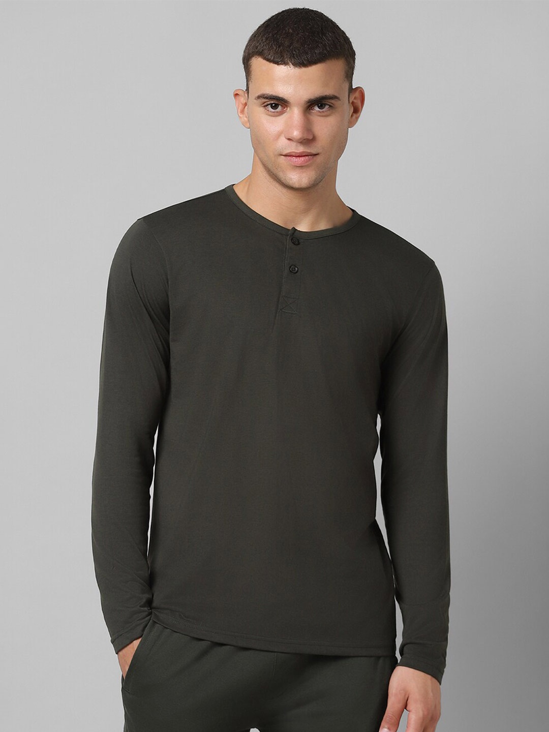 

Pantaloons Henley Neck Long Sleeve Pure Cotton Regular T-shirt, Black