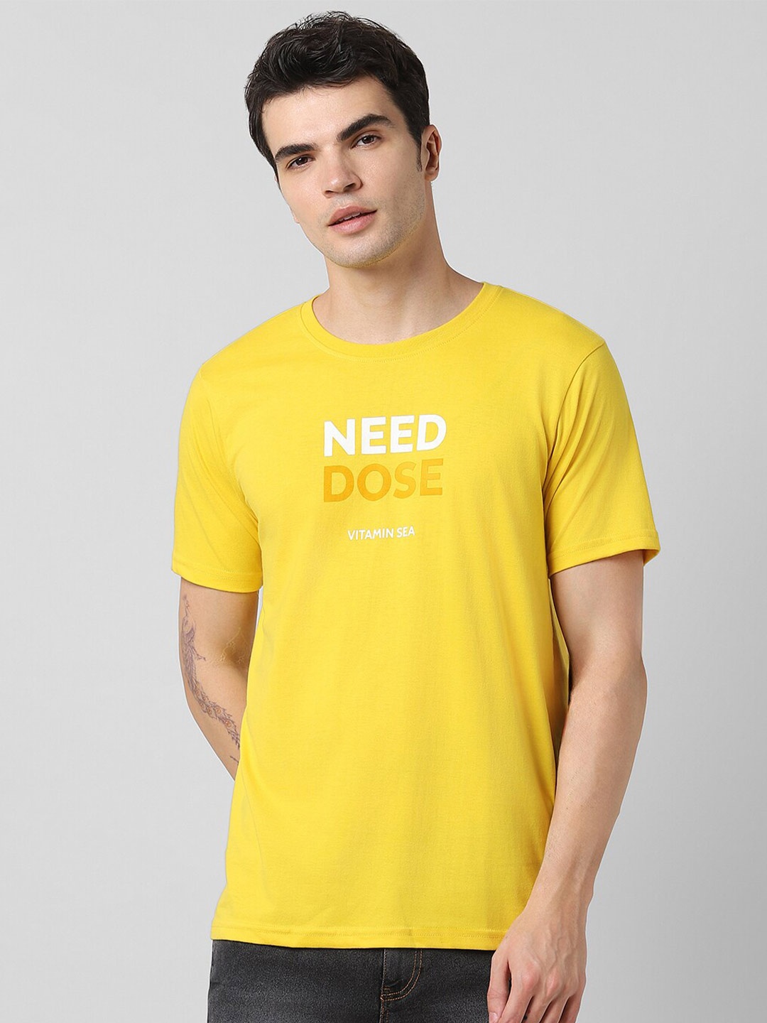 Pantaloons Typography Printed Round Neck Pure Cotton Regular T-shirt, Yellow