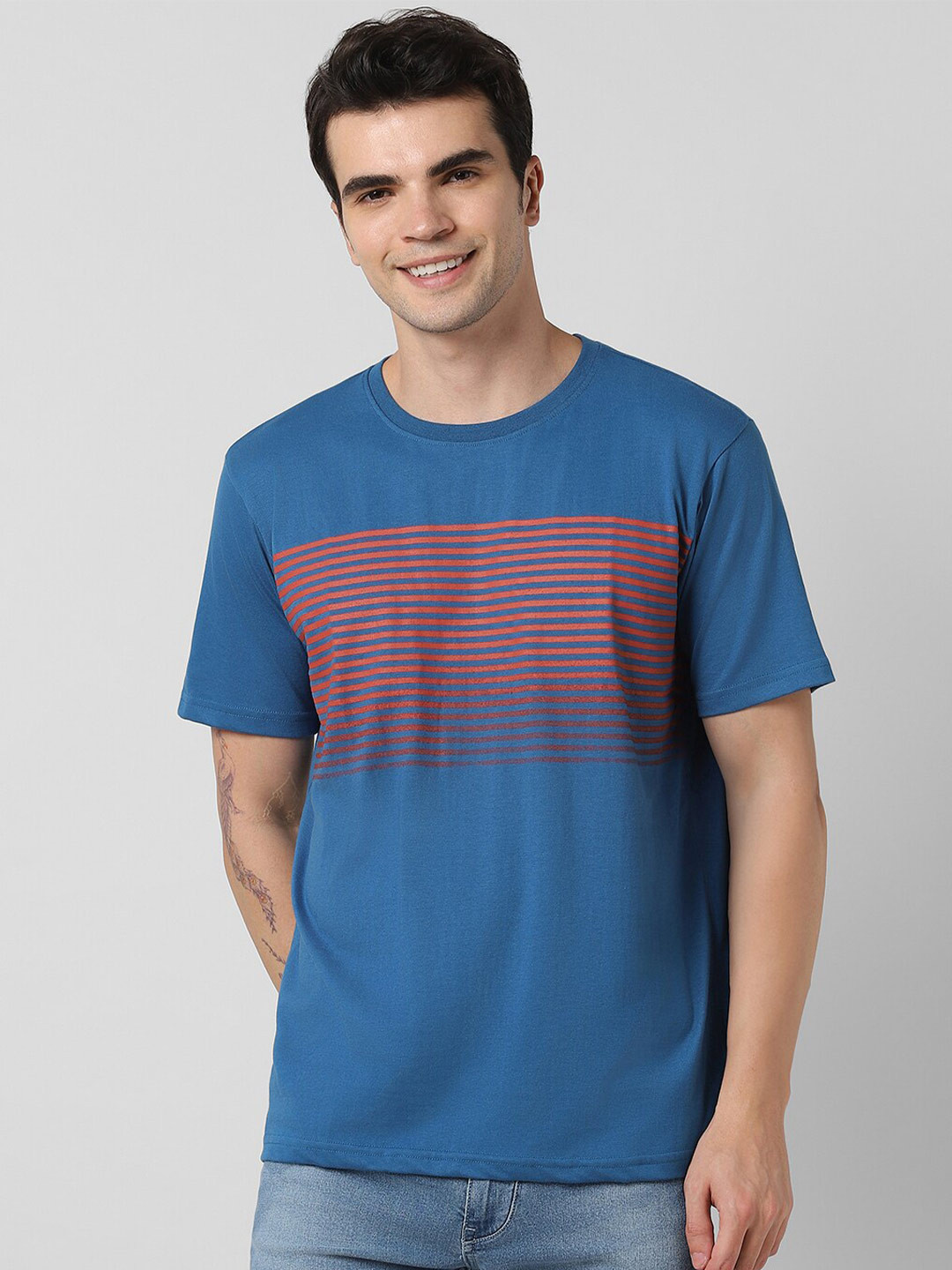 

Pantaloons Striped Round Neck Regular Fit Cotton T-shirt, Blue