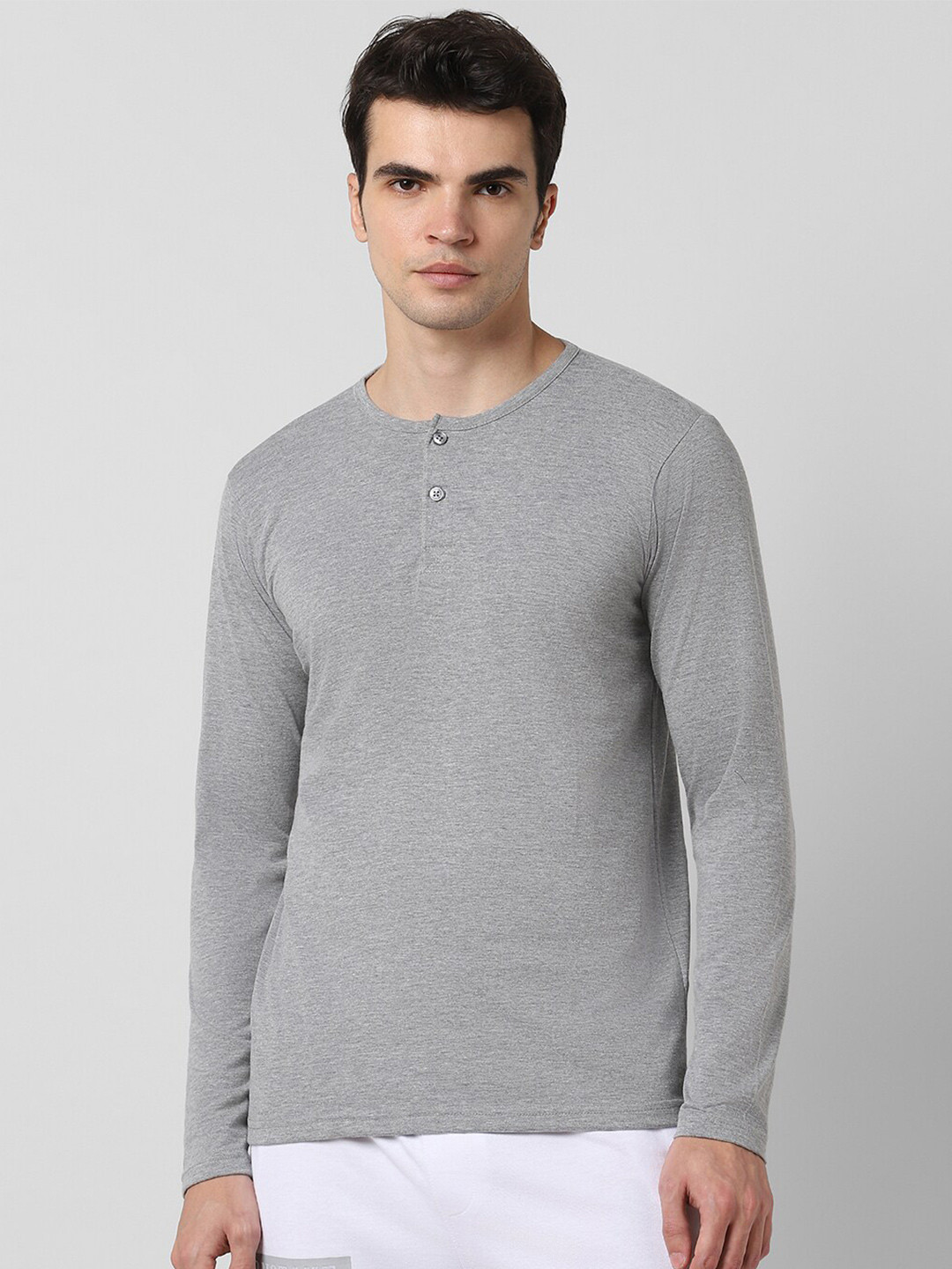 

Pantaloons Henley Neck Long Sleeve Pure Cotton Regular T-shirt, Grey melange