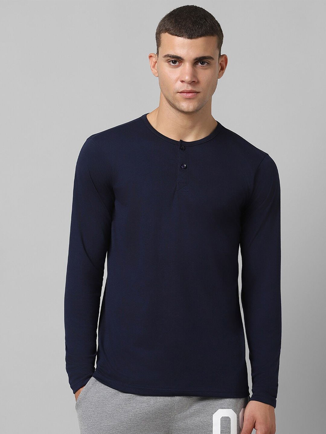 

Pantaloons Henley Neck Long Sleeve Pure Cotton Regular T-shirt, Blue