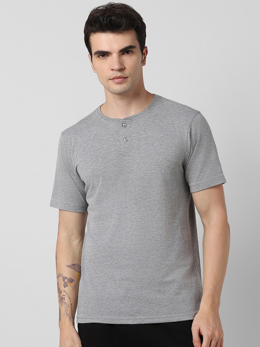 

Pantaloons Henley Neck Pure Cotton Regular T-shirt, Grey melange