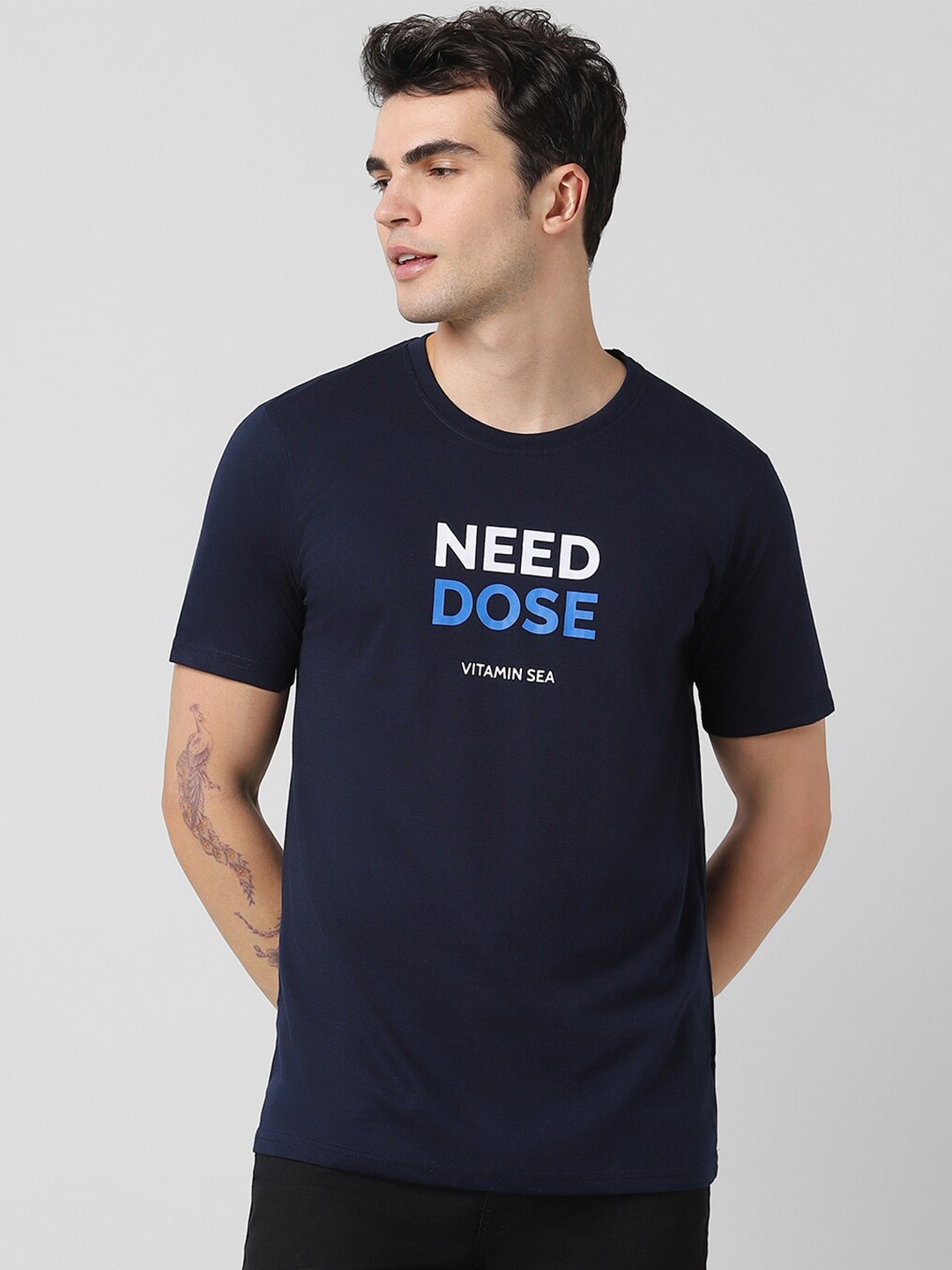 Pantaloons Typography Printed Round Neck Regular Fit Cotton T-shirt, Navy blue