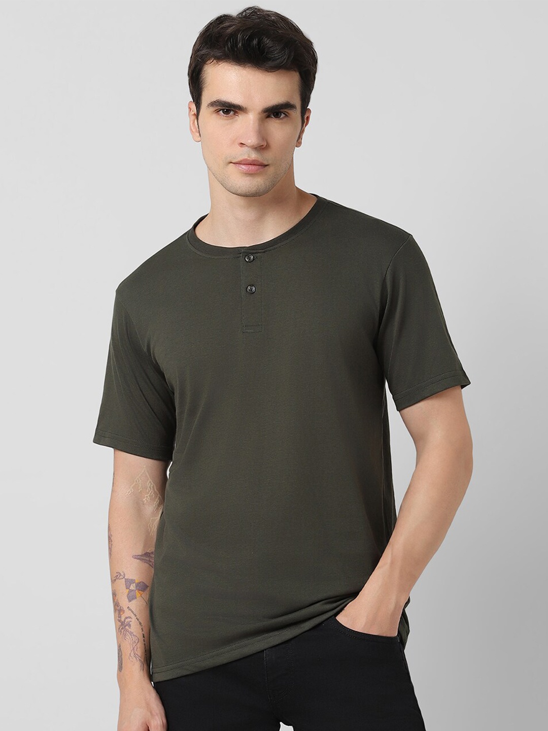 

Pantaloons Henley Neck Pure Cotton Regular T-shirt, Olive