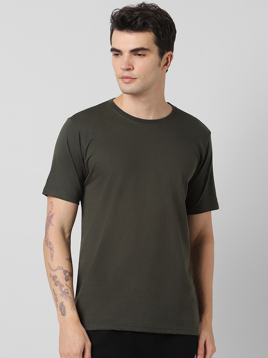 

Pantaloons Round Neck Pure Cotton Regular T-shirt, Olive