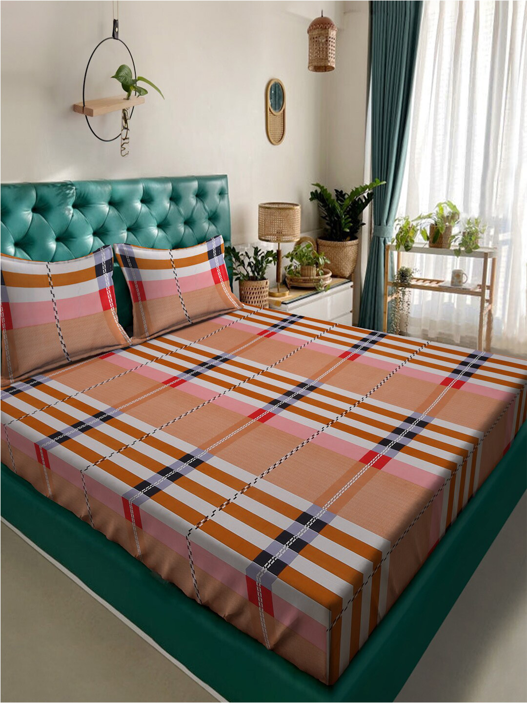 

Alina decor Tan & Blue Striped 210 TC King Bedsheet With 2 Pillow Covers