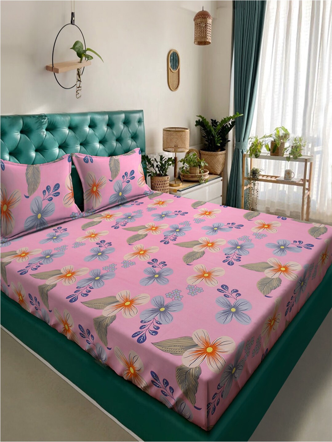 

Alina decor Pink & Blue Floral Printed 210 TC King Bedsheet With 2 Pillow Covers