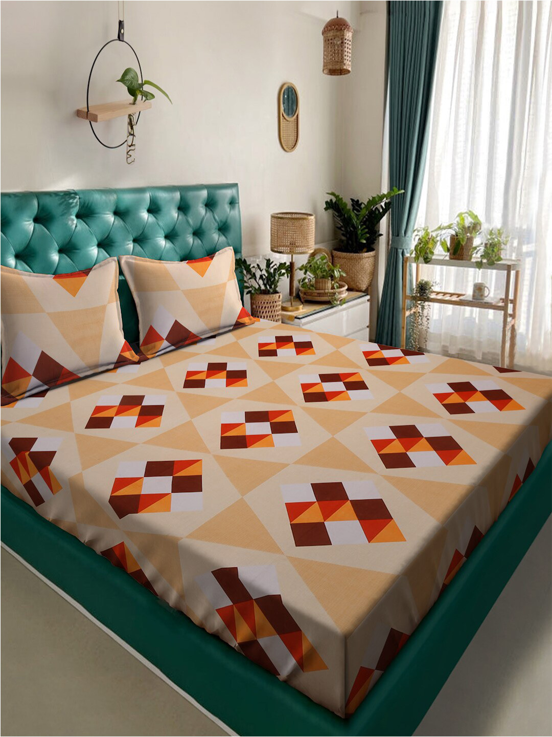 

Alina decor Beige & Red Geometric Polycotton 210 TC King Bedsheet With 2 Pillow Covers